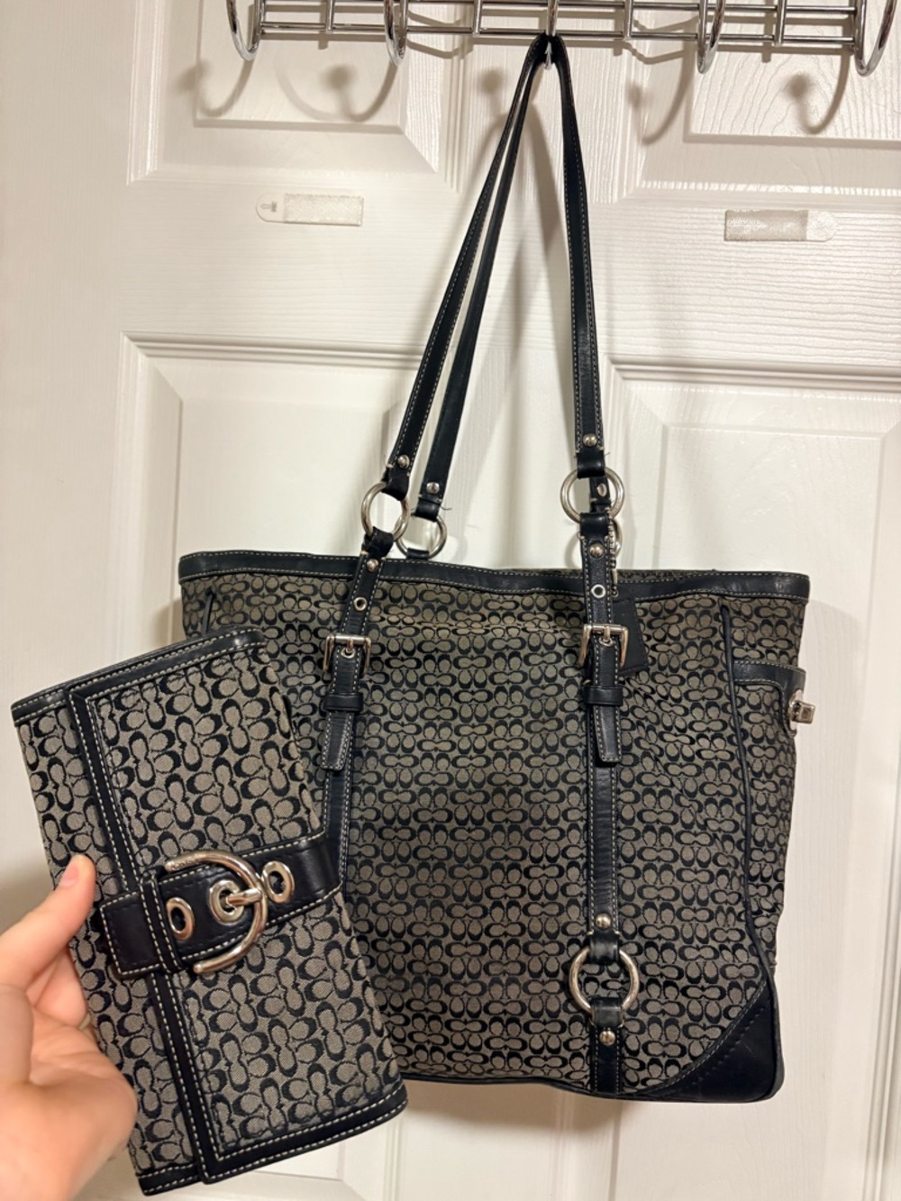 Coach Black and Gray Signature Jacquard Tote with Matching Wallet